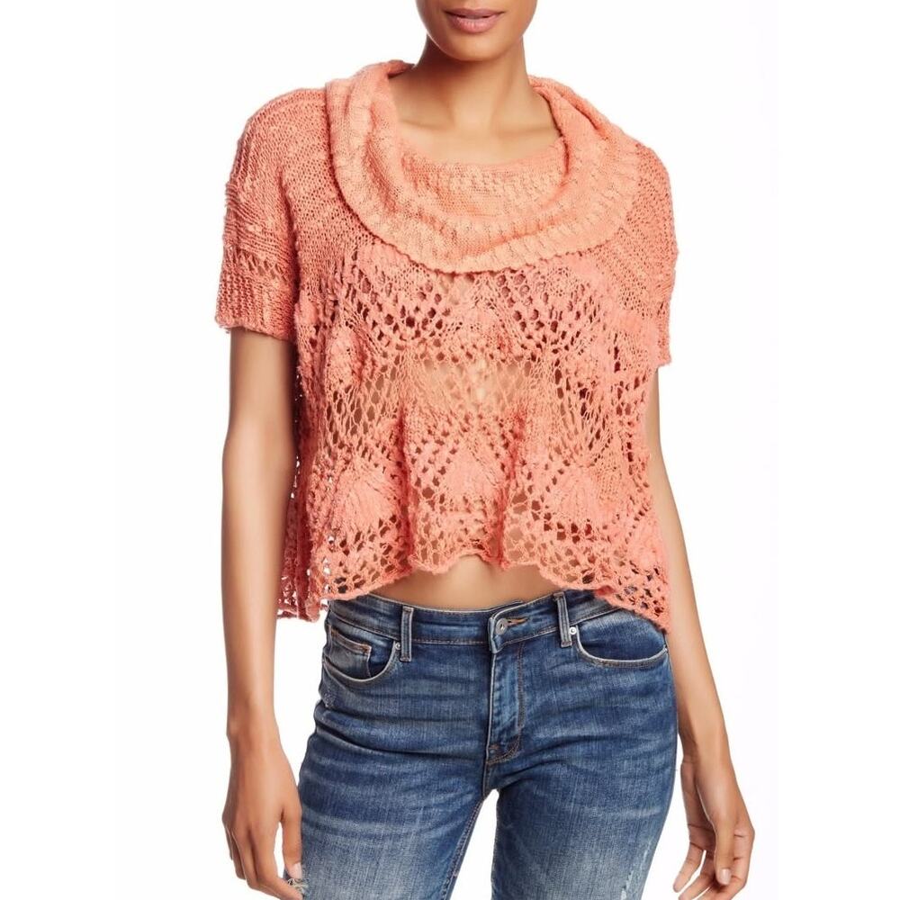 Free People Eternal Delight Coral Cowl Neck Flowing Crochet Cotton Knit Sweater